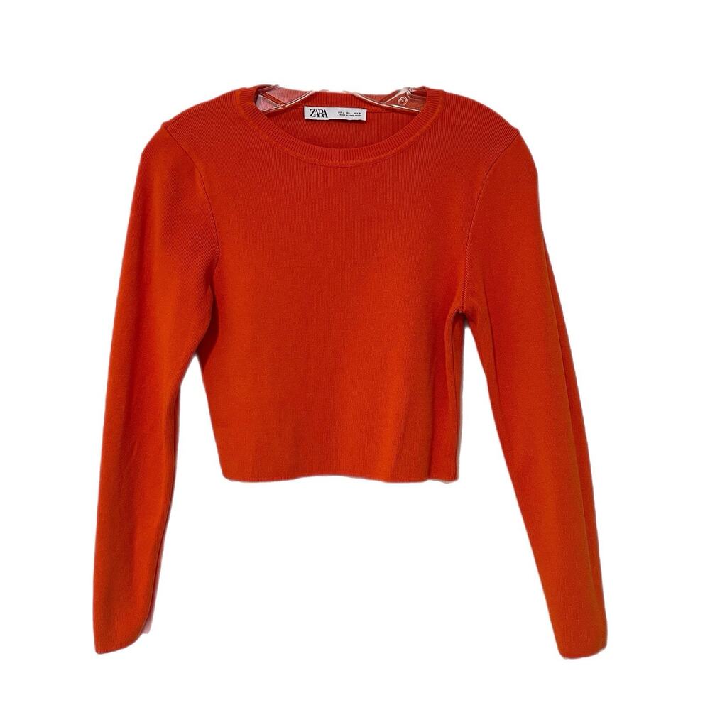 Zara Cropped Crew Neck Knit Sweater Size L Fitted Orange Granola Girl Preppy